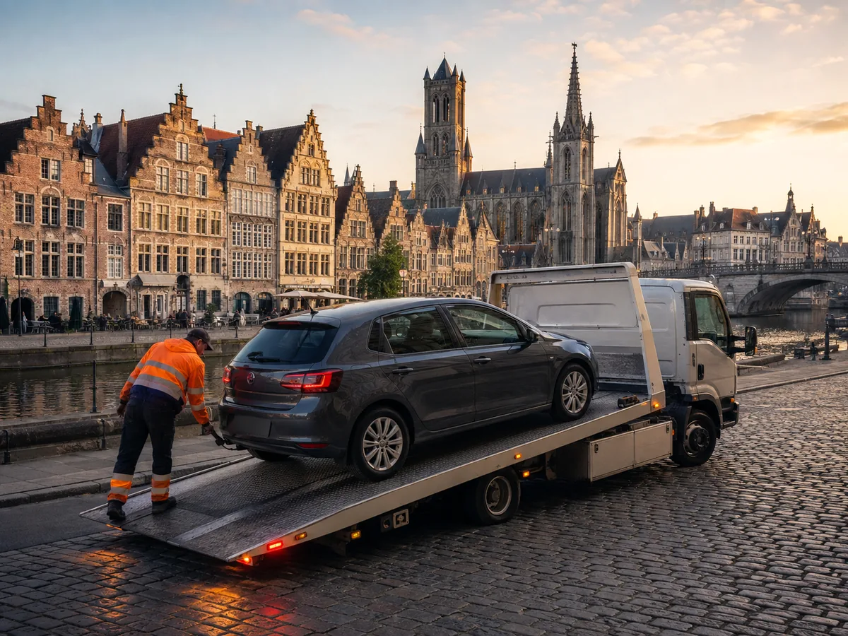 Auto wordt in Gent op een oprijwagen geladen voor gratis ophaling, met het Belfort en de torens van de binnenstad op de achtergrond