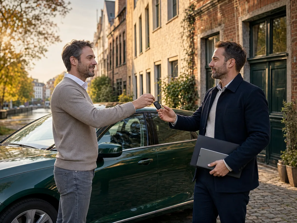 Sleuteloverdracht tussen verkoper en auto opkoper in Gent na een vrijblijvend bod, met de torens van de Gentse binnenstad op de achtergrond